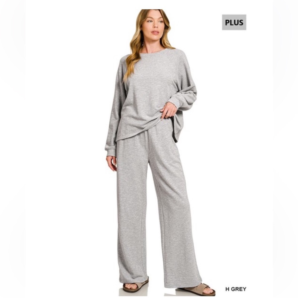 217 1X -3X 🏝️PLUS SLUB LONG SLEEVE TOP & PANTS 2PCS SET